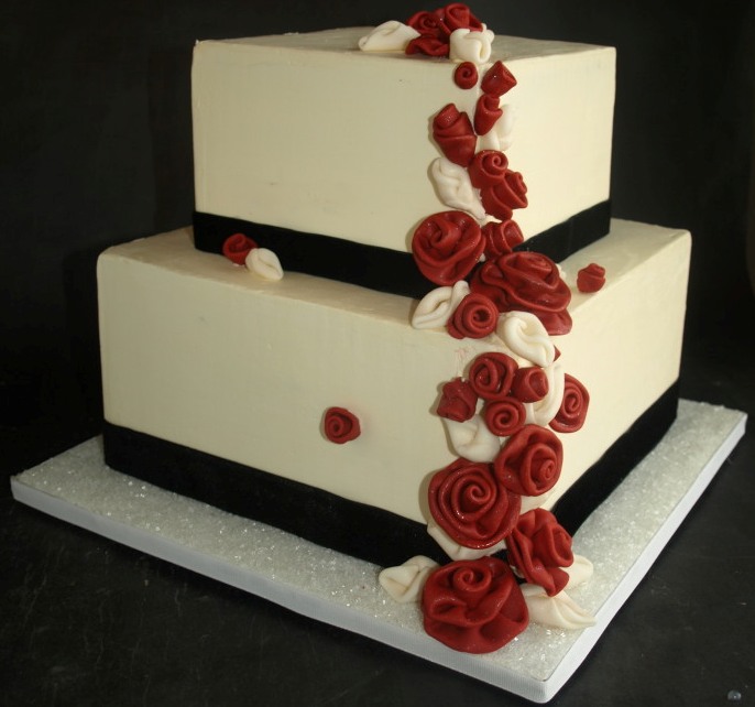 Cascading Red Ribbon Rose Square Wedding Cake Portland Oregon